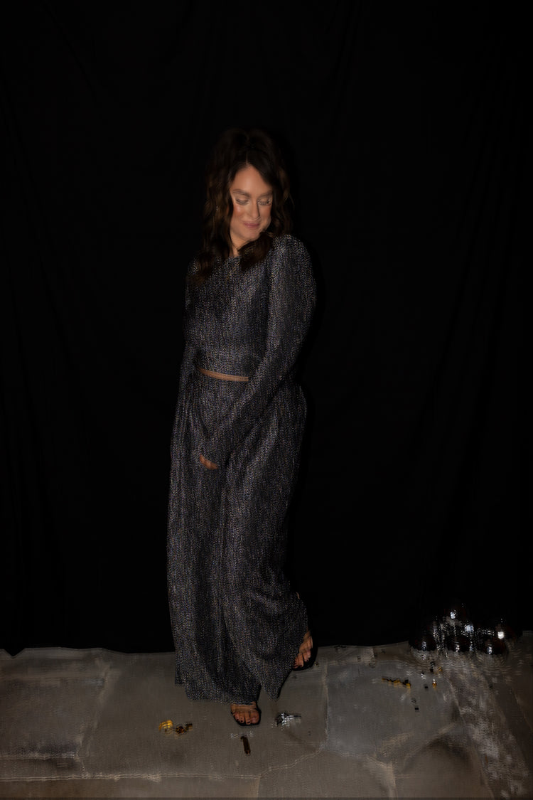 Sparkle Pleated Palazzo Pants Set (Gun Metal)