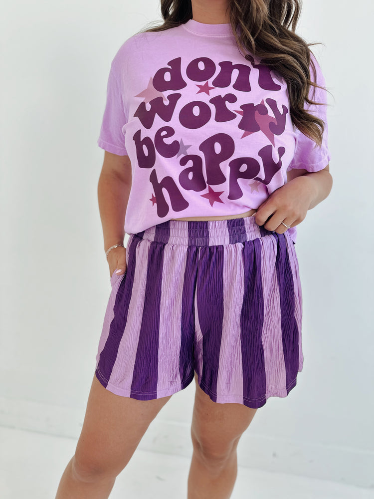 Be Happy Graphic T-shirt NEON VIOLET (full length)