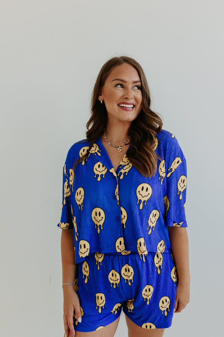 Drippy Smiley Blue Flowy TOP