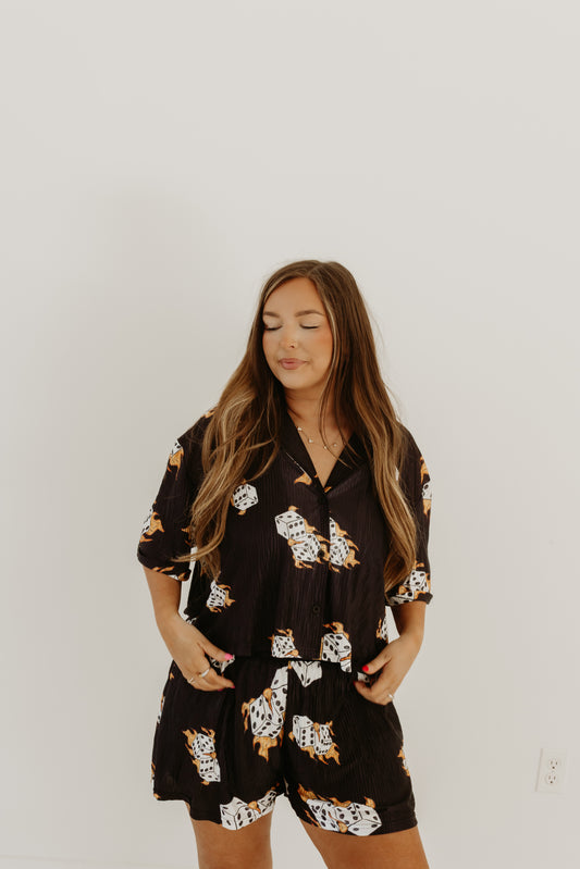 Flaming Dice SS cropped button up top