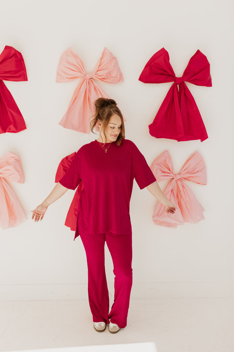 Small Ribbed Catlyn Flare Pants Set (Deep Red)