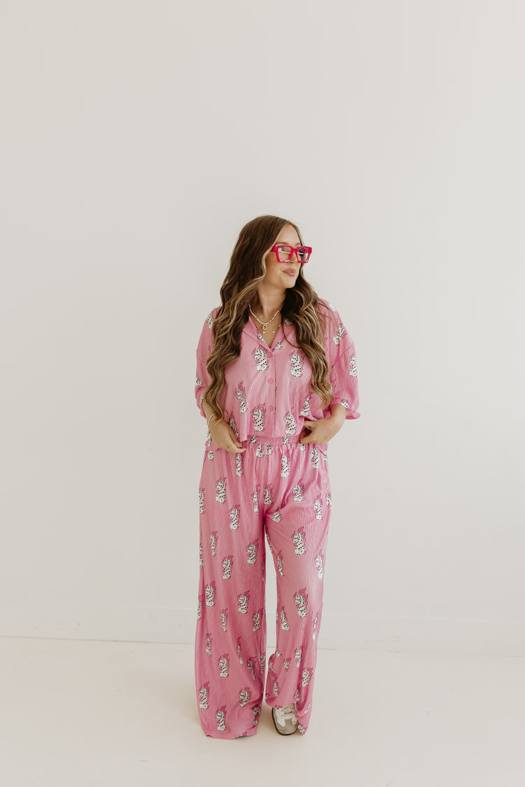 Pink Flaming Dice Flowy Cropped Top