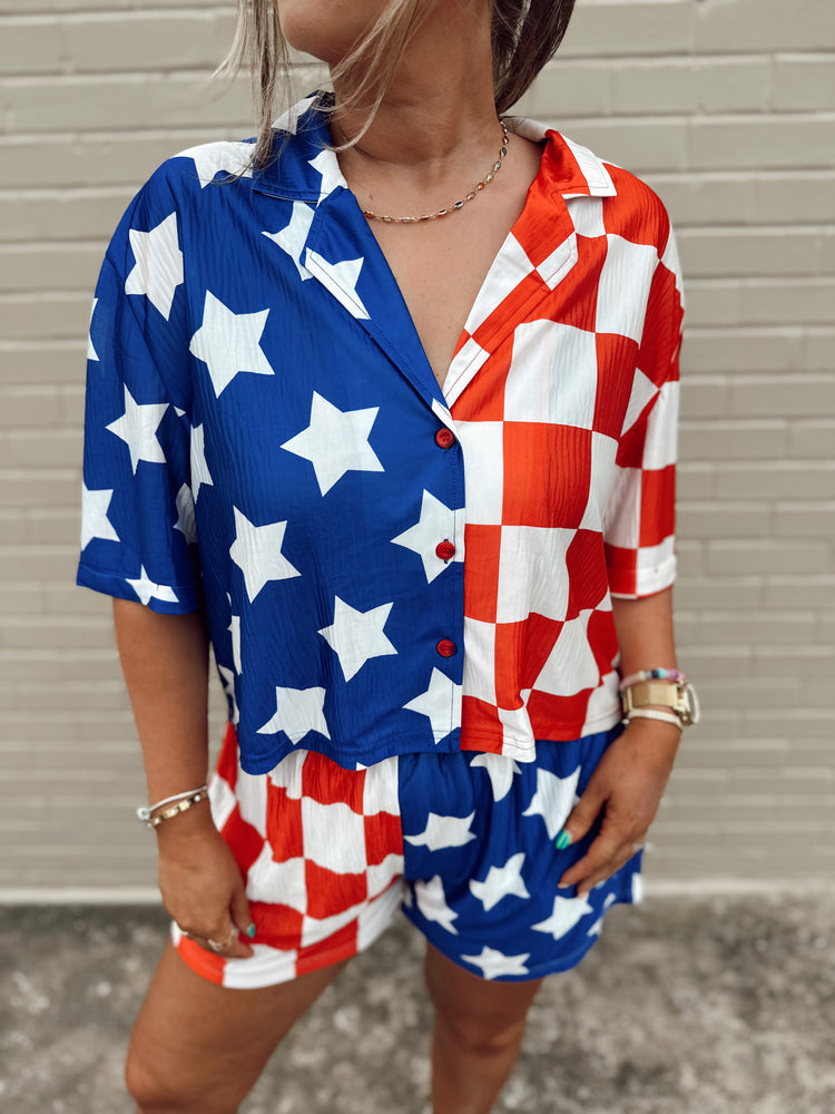 Flag Spliced Cropped SS Flowy Top