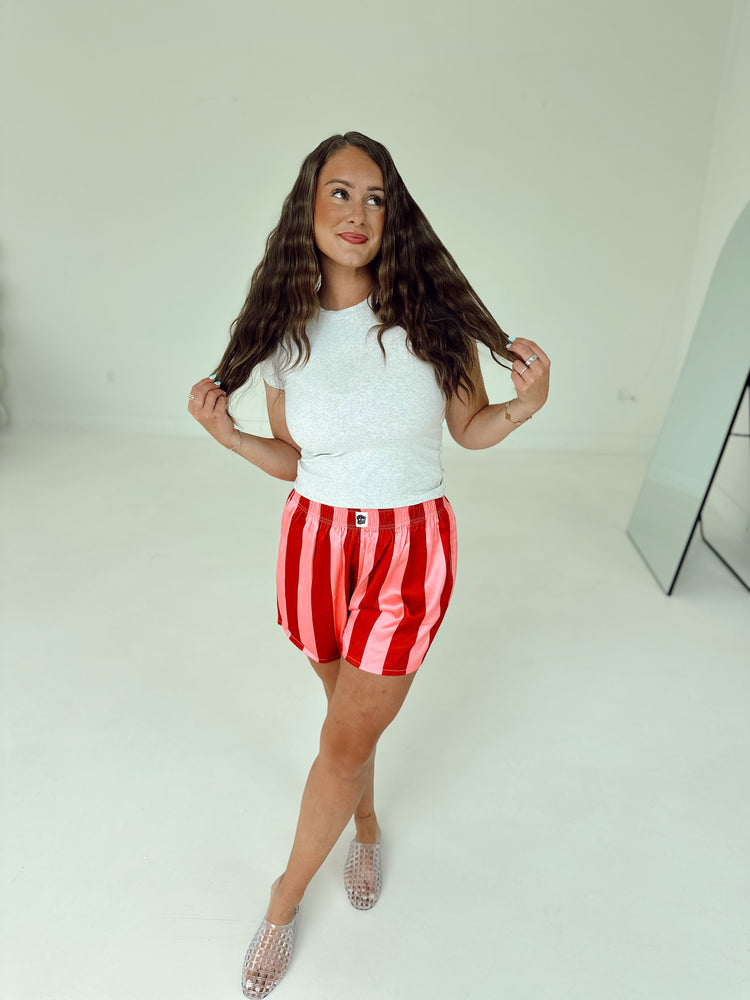 Raspberry Stripe Satin Boxer SHORTS