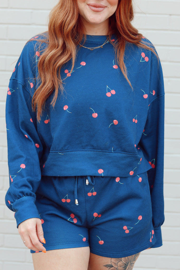 Navy Cherry Drawstring Shorts