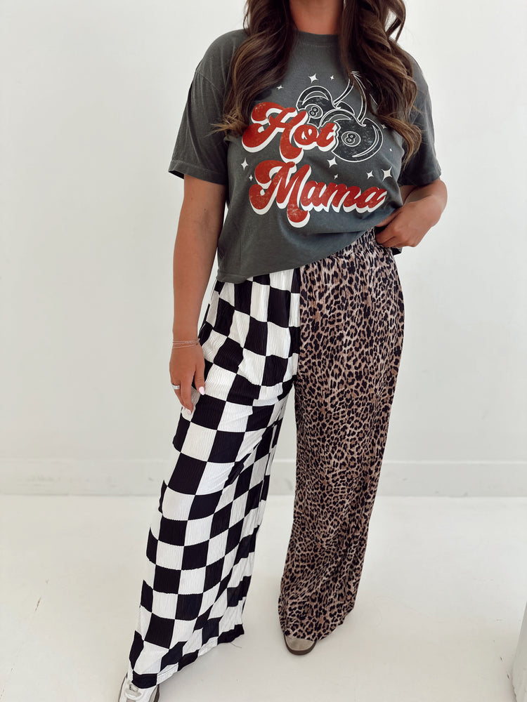 CHECK & LEOPARD SPLICED FLOWY **PANTS**