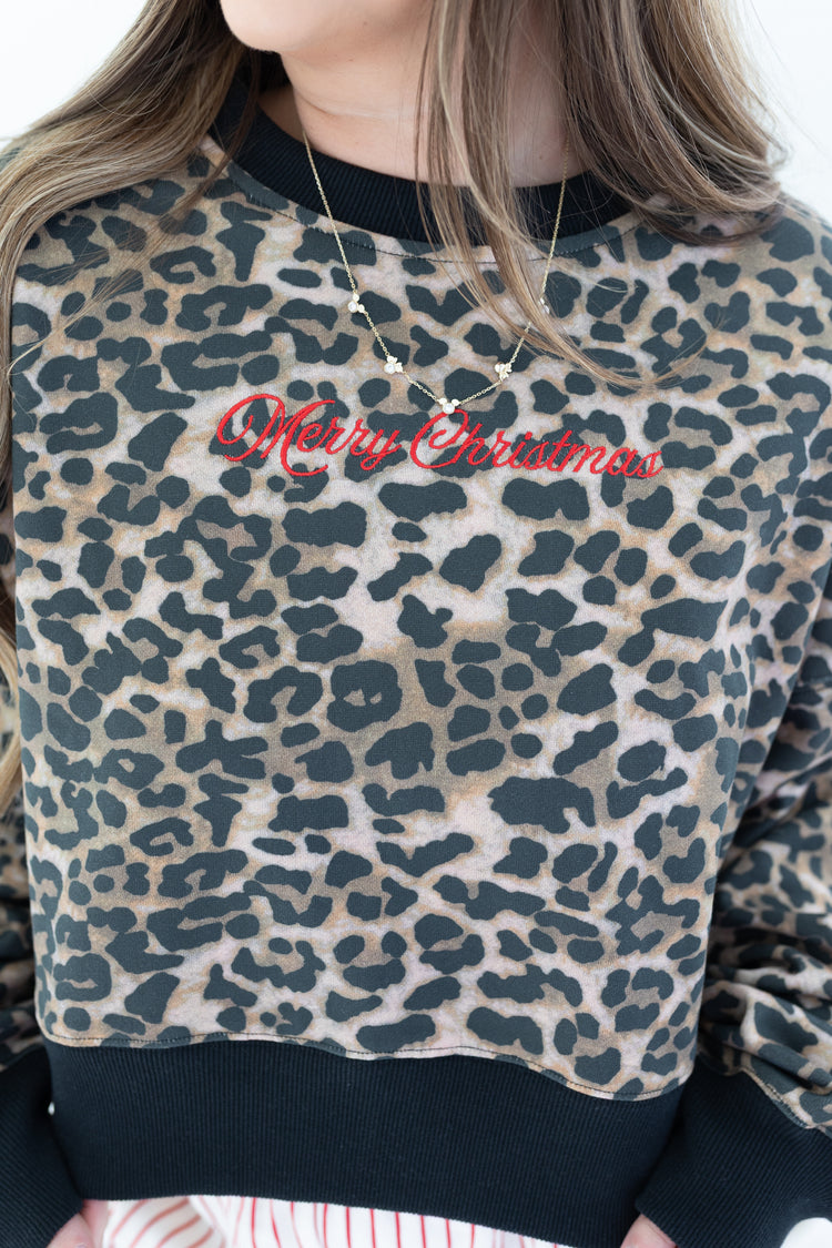 Merry Christmas Leopard Cropped Crew (PRE ORDER)