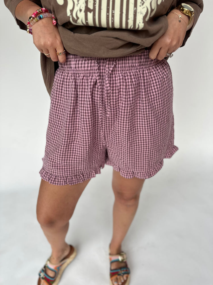 Pink & Brown Gingham Ruffle SHORTS