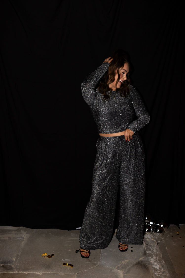 Sparkle Pleated Palazzo Pants Set (Gun Metal)