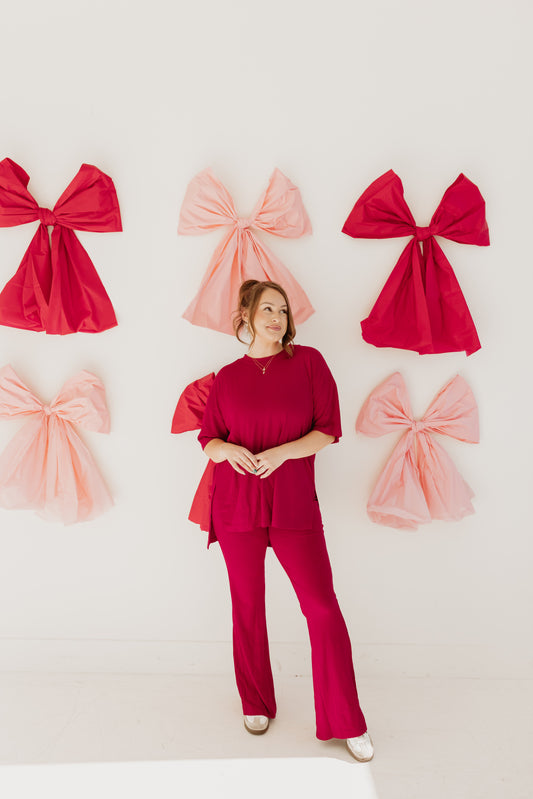 Small Ribbed Catlyn Flare Pants Set (Deep Red)