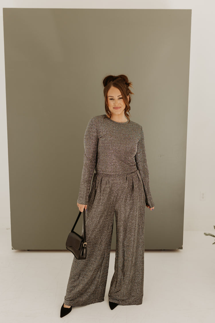 Sparkle Pleated Palazzo Pants Set (Gun Metal)