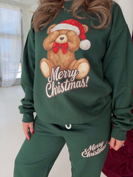 Teddy Bear Christmas Graphic Sweatshirt (Forest Green)