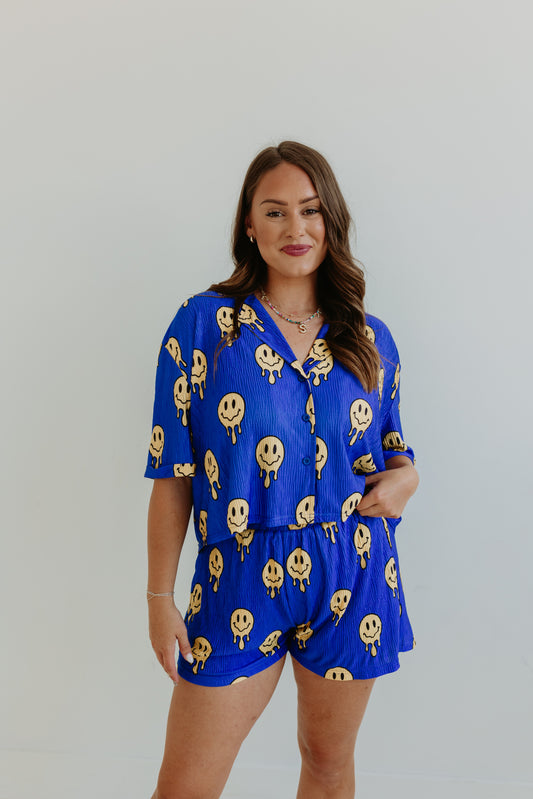Drippy Smiley Blue Flowy TOP