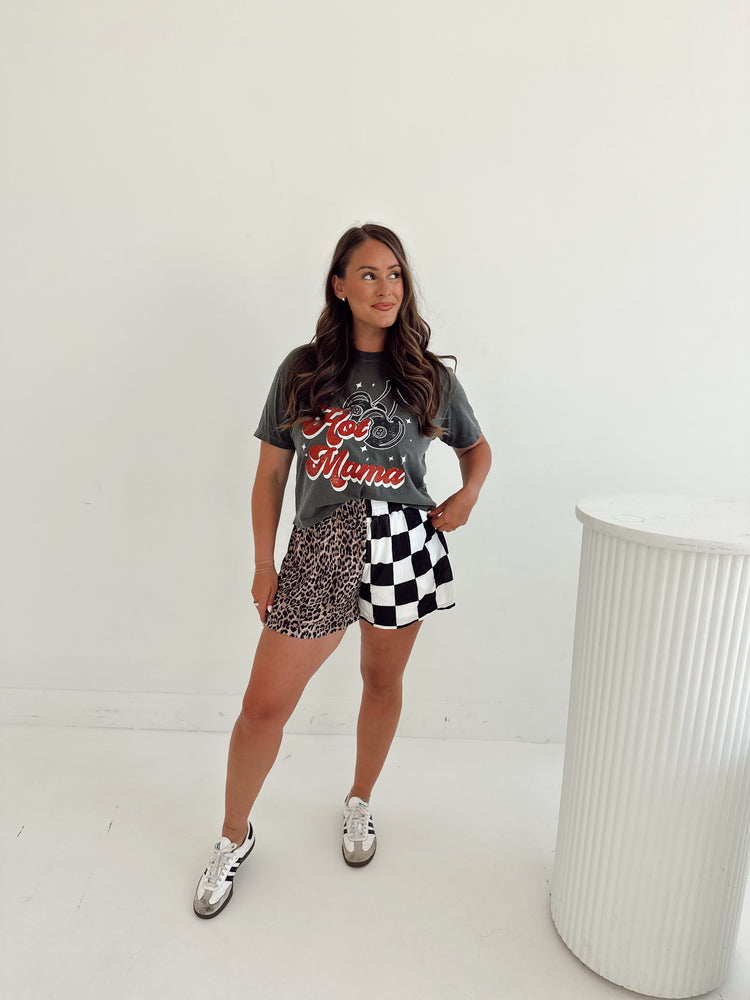 CHECK & LEOPARD SPLICED FLOWY **SHORTS**