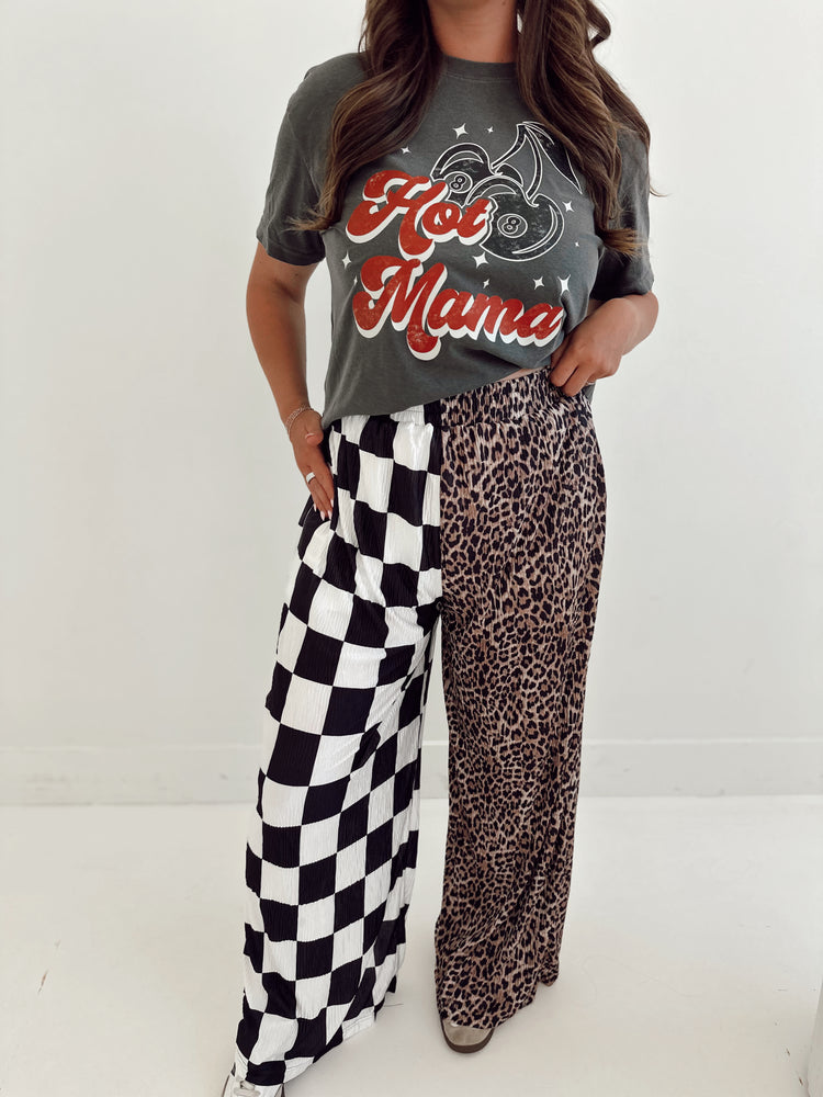 CHECK & LEOPARD SPLICED FLOWY **PANTS**