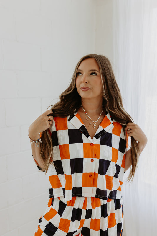 Orange + Black + White Checkmate Top SS