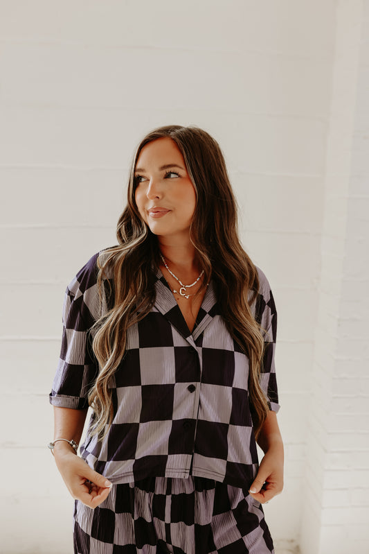 Grey & Black Checkmate Cropped Flowy Top