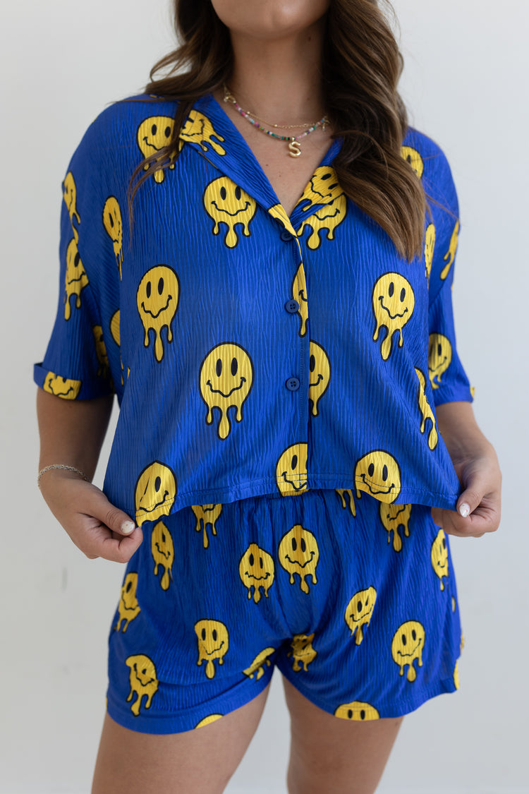 Drippy Smiley Blue Flowy TOP