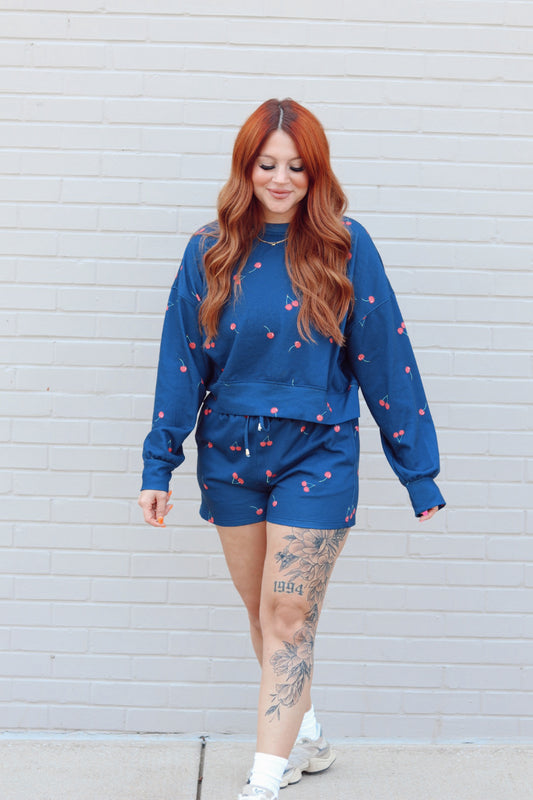 Navy Cherry Drawstring Shorts