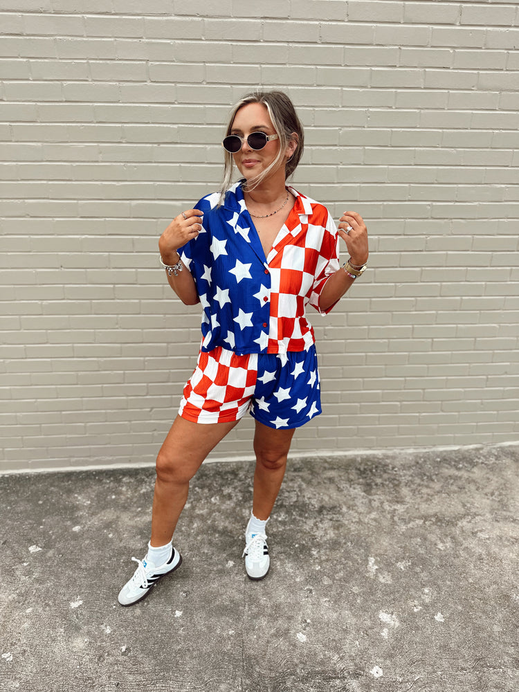 Flag Spliced Cropped SS Flowy Top