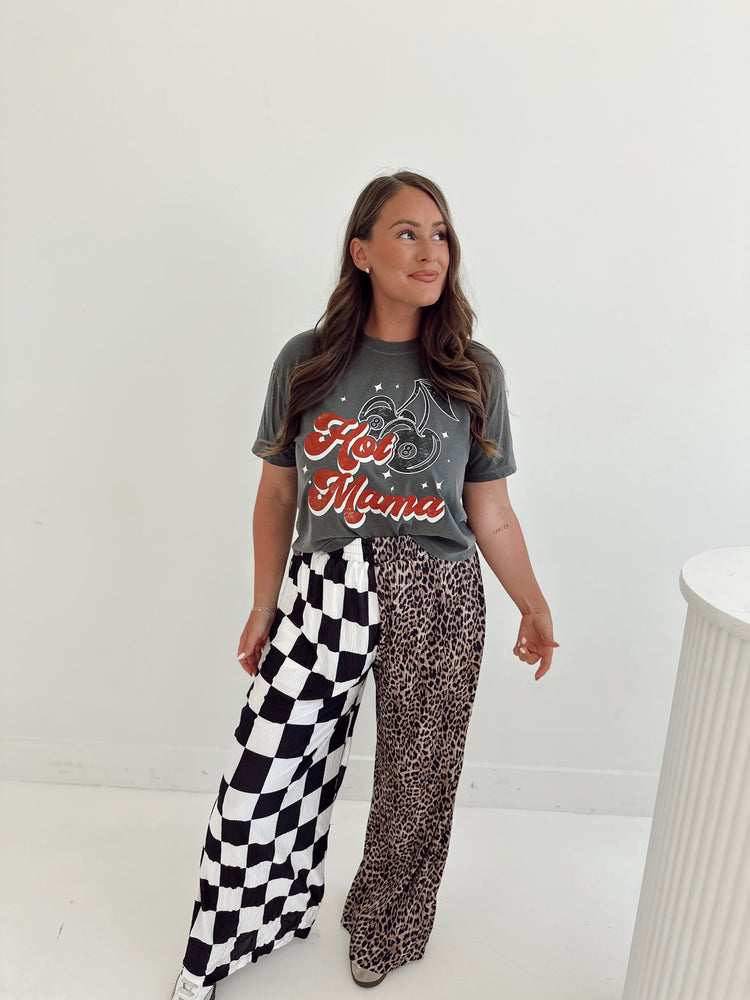 CHECK & LEOPARD SPLICED FLOWY **PANTS**
