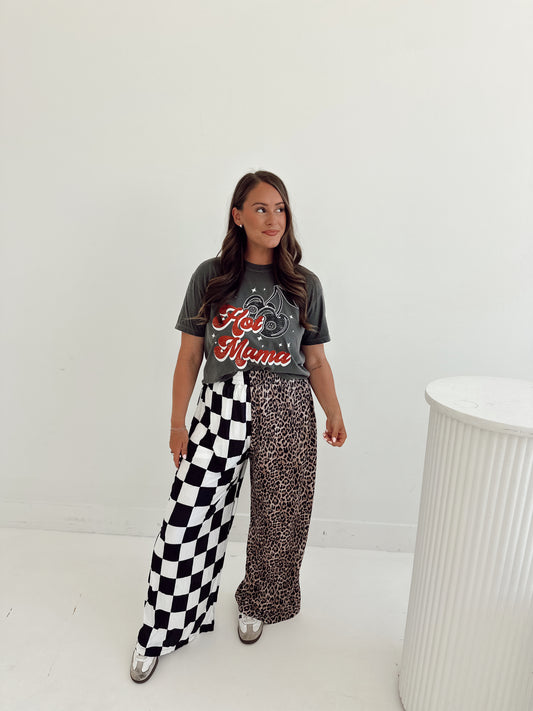 CHECK & LEOPARD SPLICED FLOWY **PANTS**