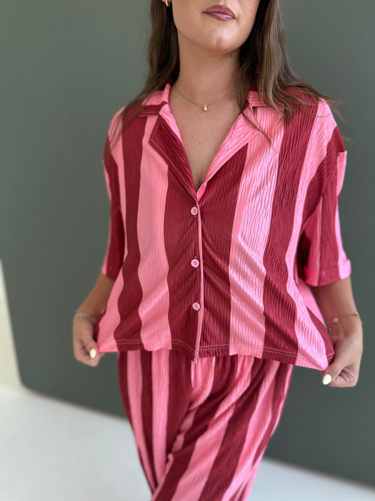 RASPBERRY STRIPED Cropped SS Flowy TOP