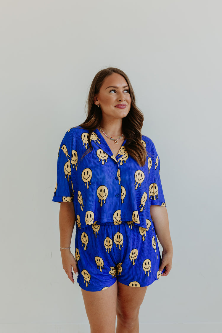 Drippy Smiley Blue Flowy TOP