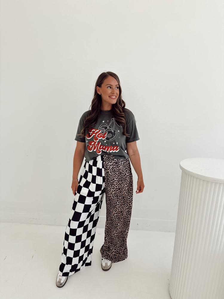 CHECK & LEOPARD SPLICED FLOWY **PANTS**
