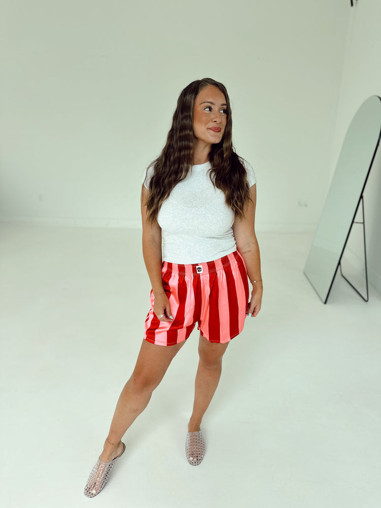 Raspberry Stripe Satin Boxer SHORTS