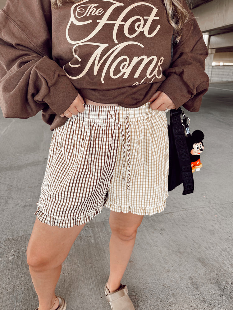 Brown Gingham Spliced Ruffle Cropped Shorts