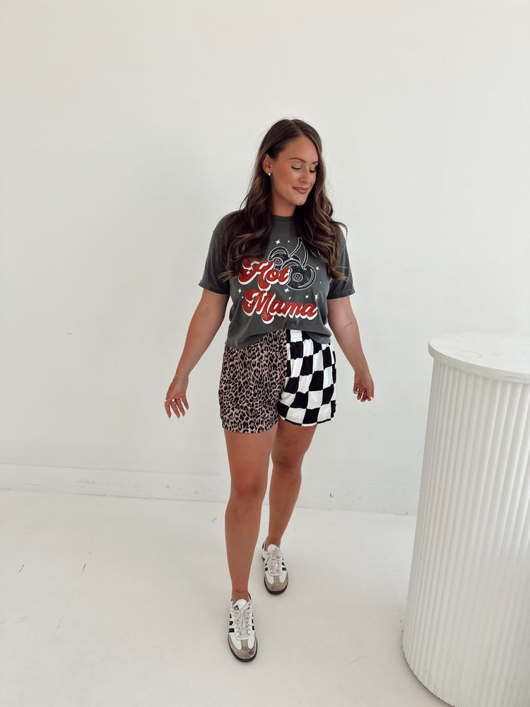 CHECK & LEOPARD SPLICED FLOWY **SHORTS**