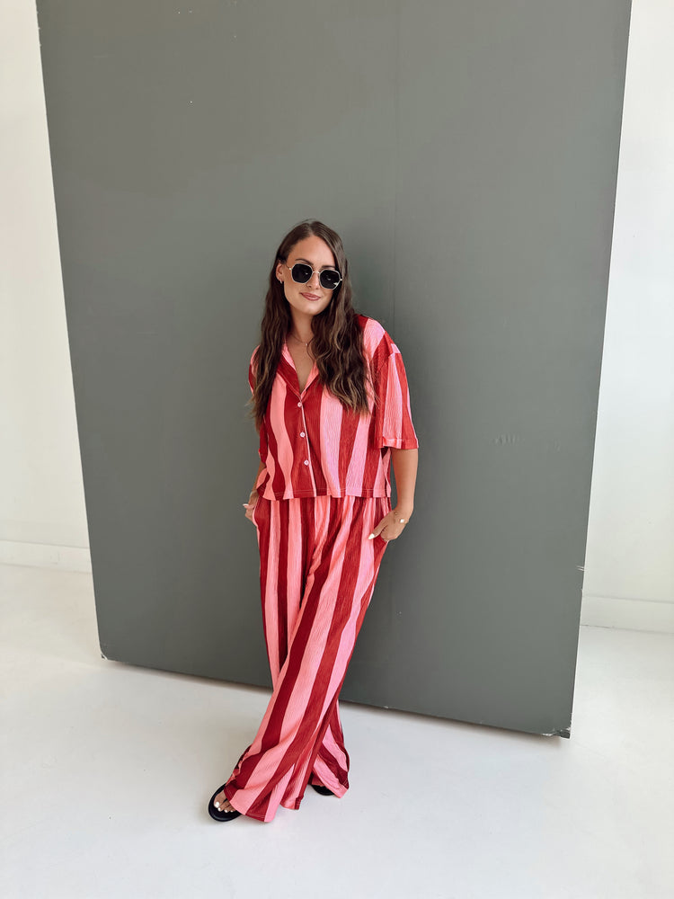 RASPBERRY STRIPED Cropped SS Flowy TOP
