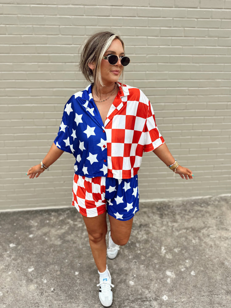 Flag Spliced Cropped SS Flowy Top