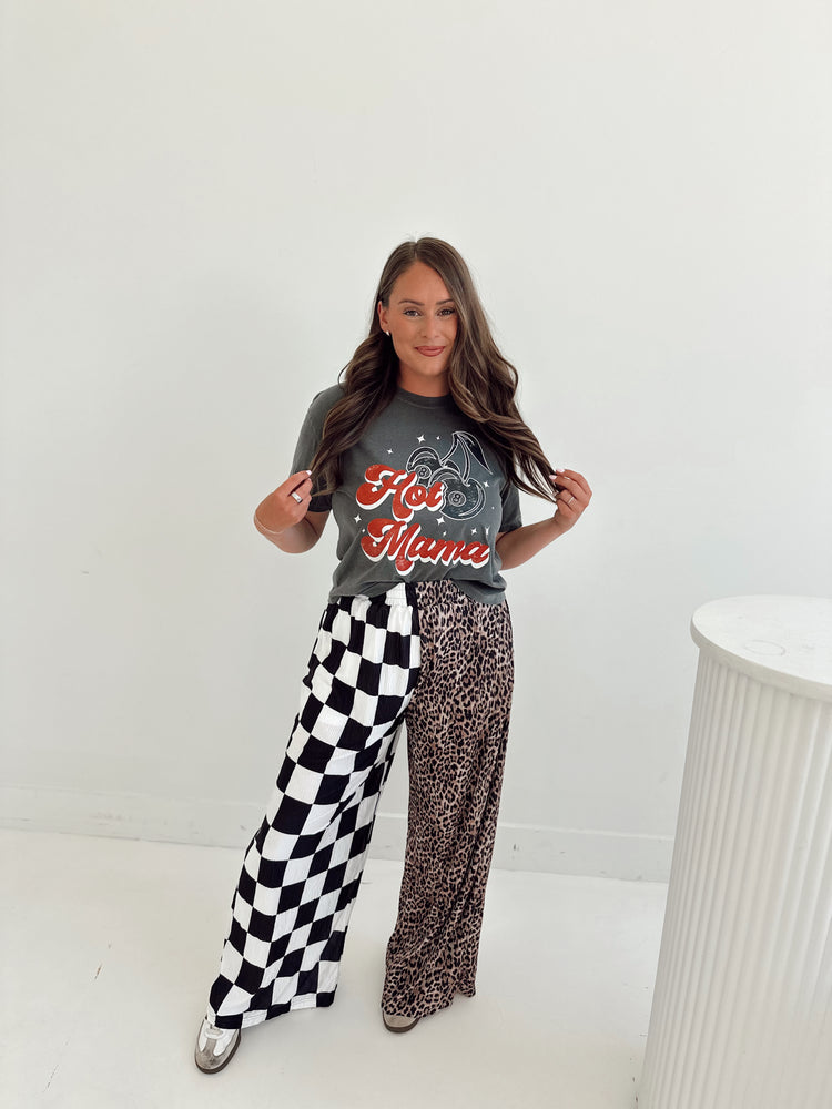 CHECK & LEOPARD SPLICED FLOWY **PANTS**