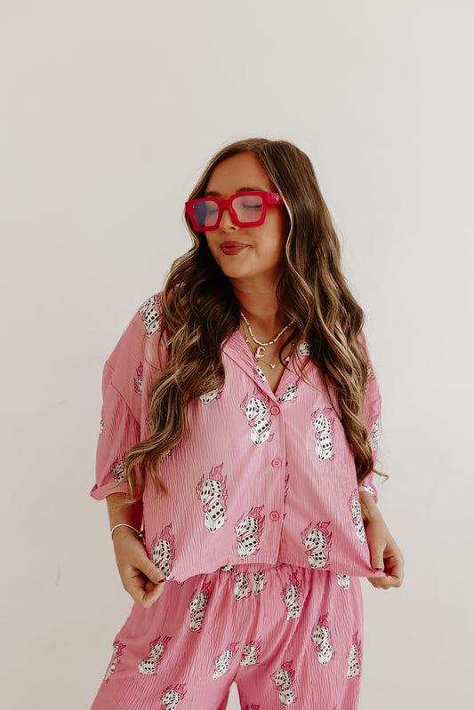 Pink Flaming Dice Flowy Cropped Top