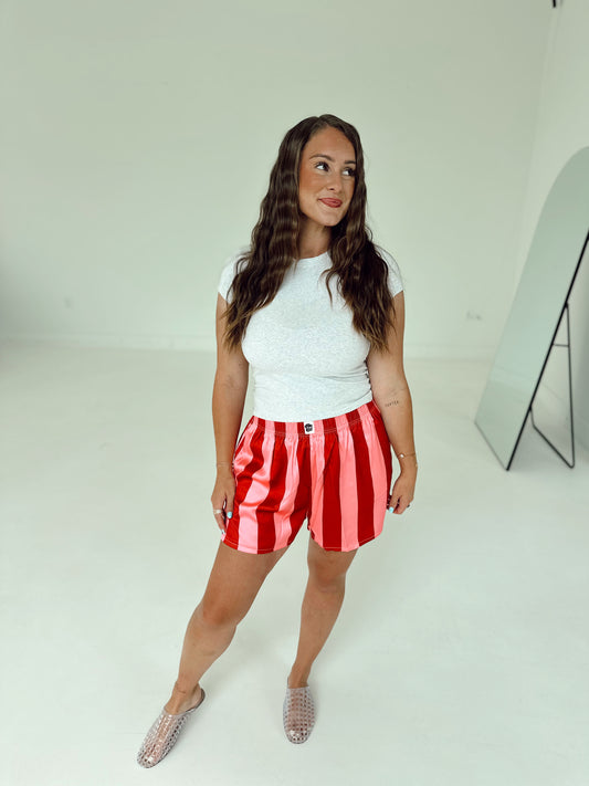 Raspberry Stripe Satin Boxer SHORTS