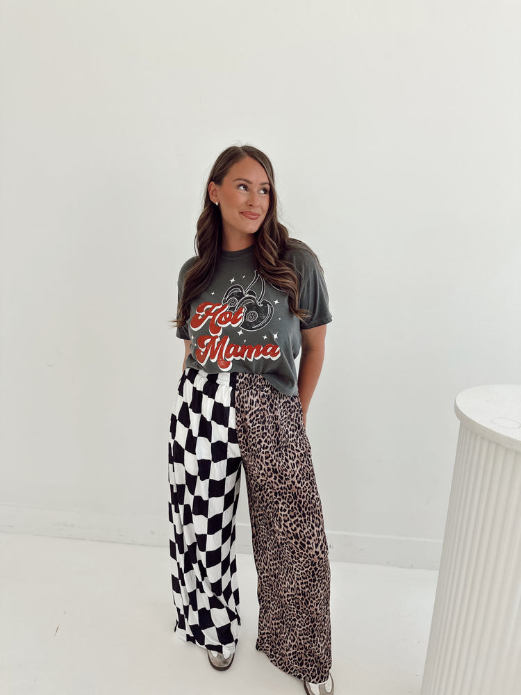 CHECK & LEOPARD SPLICED FLOWY **PANTS**