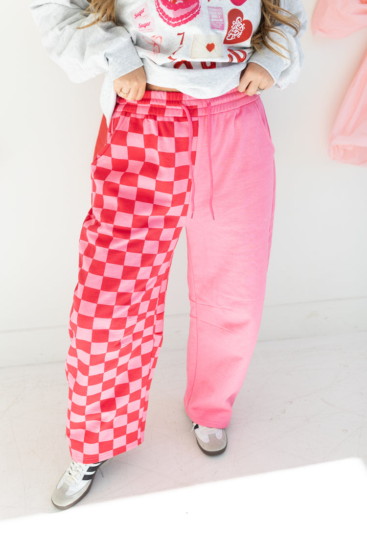 Pink Checkered Splice Barrel Sweatpants