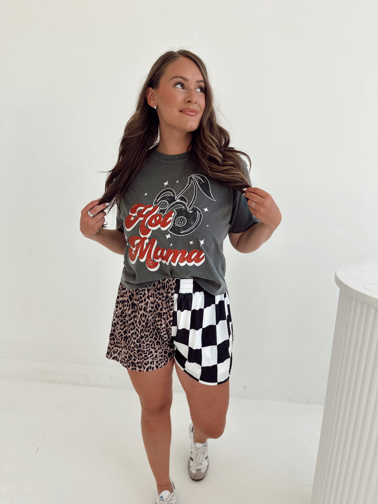 CHECK & LEOPARD SPLICED FLOWY **SHORTS**