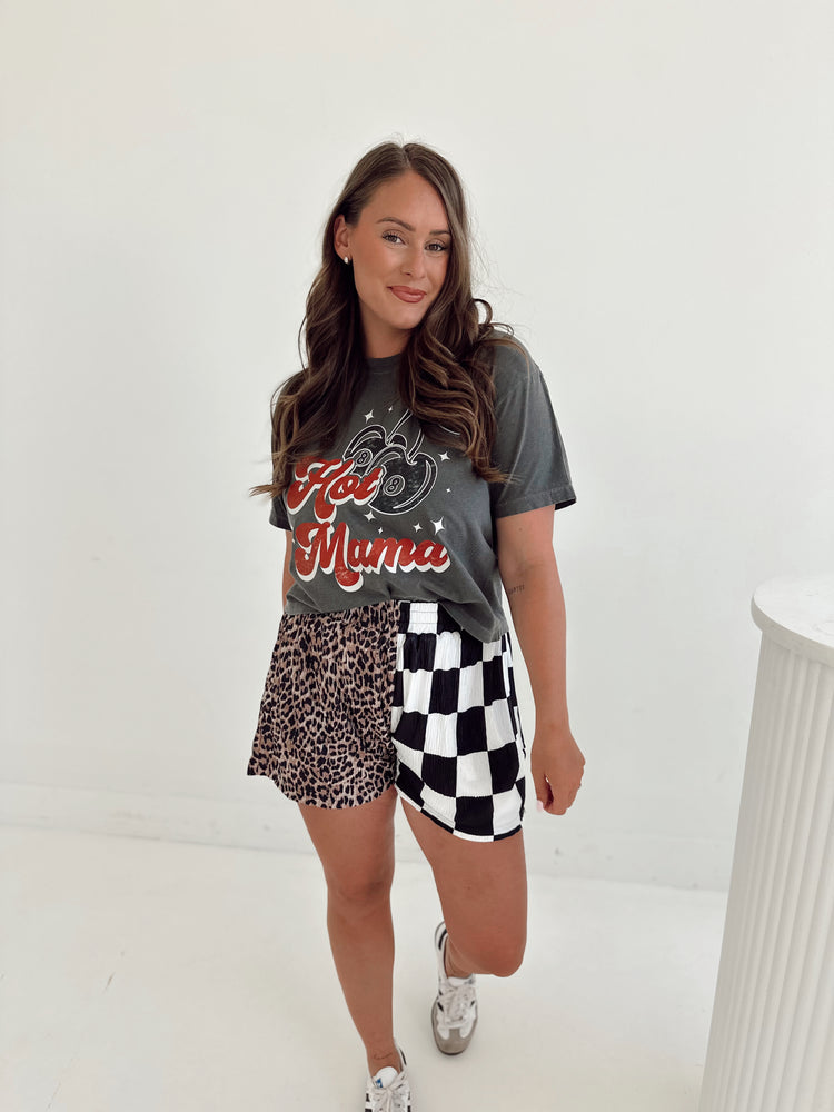 CHECK & LEOPARD SPLICED FLOWY **SHORTS**
