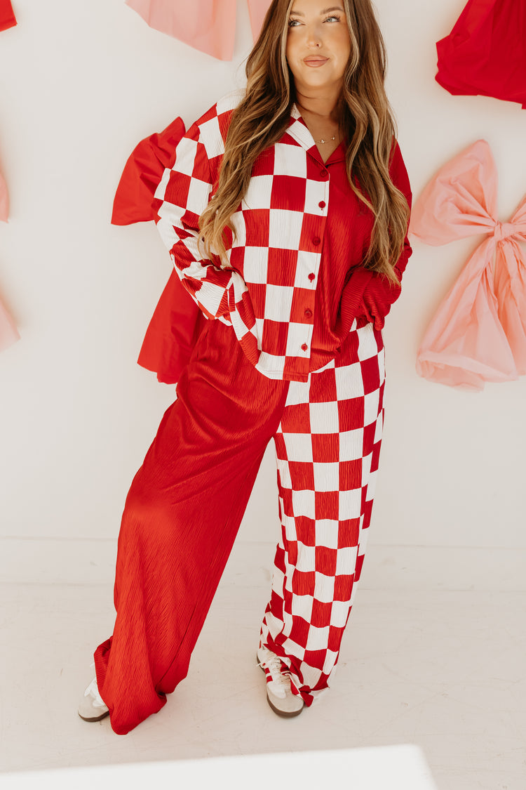 Spliced Checkmate Flowy Pants (RED)