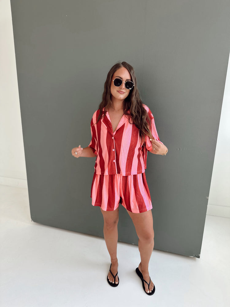 RASPBERRY STRIPED Cropped SS Flowy TOP