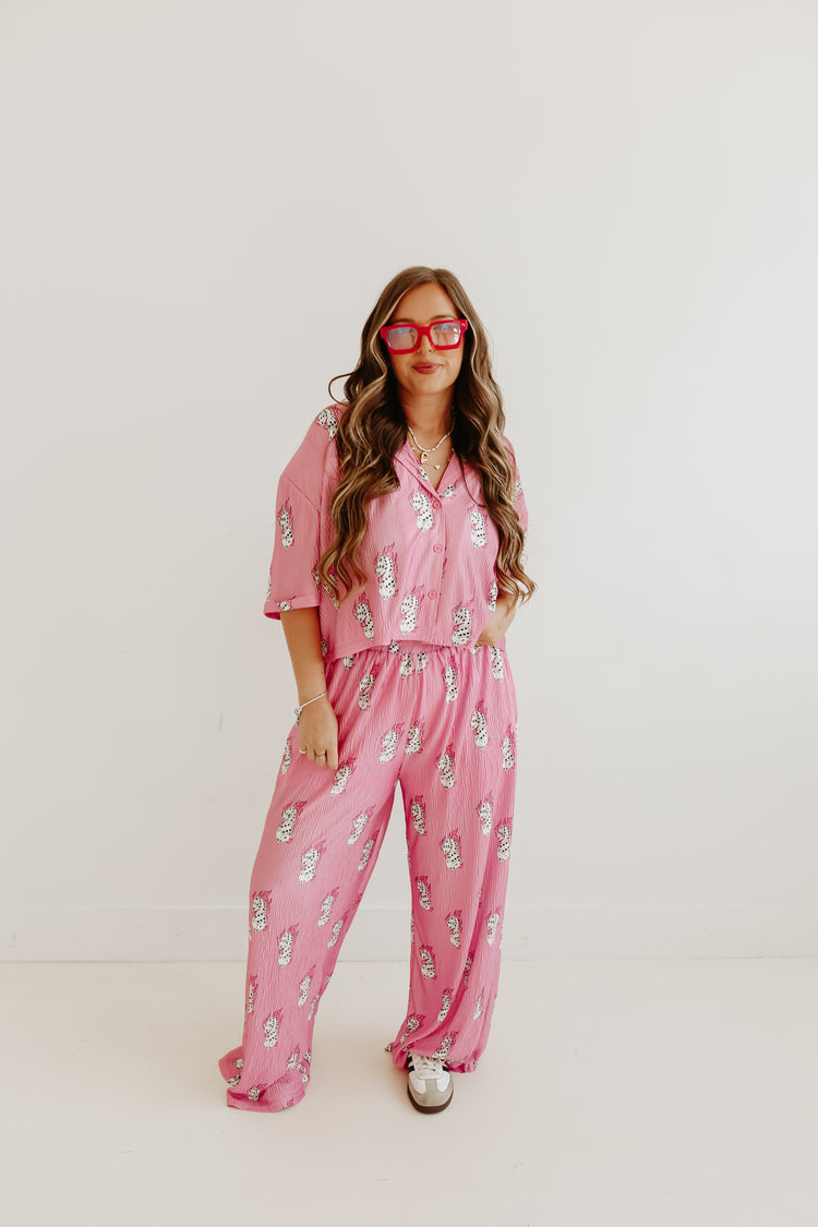 Pink Flaming Dice Flowy Cropped Top