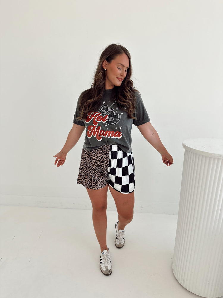 CHECK & LEOPARD SPLICED FLOWY **SHORTS**