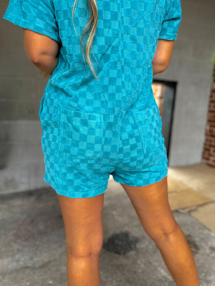 Checked Out Button Up Romper (Teal)